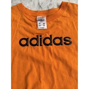 Vintage 90s Y2K Adidas T Shirt Mens XL Orange Bubble Plastic Logo Short Sleeve